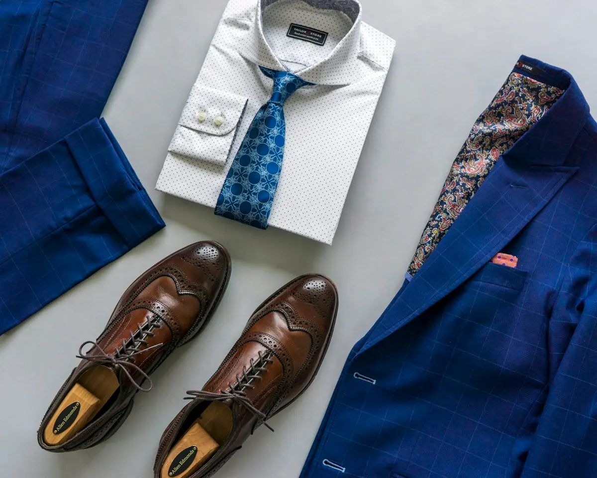 A blue blazer, white shirt, tie and brown shoes laid out